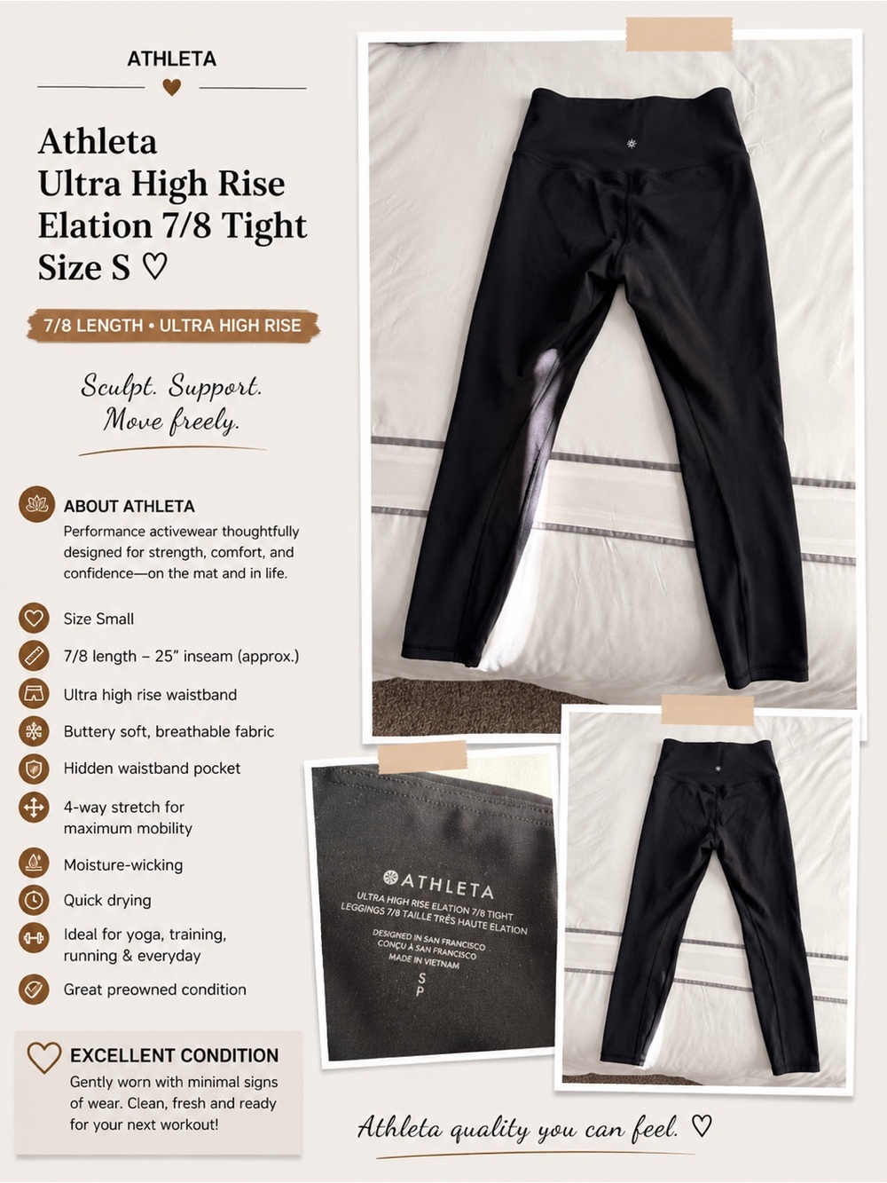Athleta Ultra High Rise Elation 7/8 Leggings Black | Size S